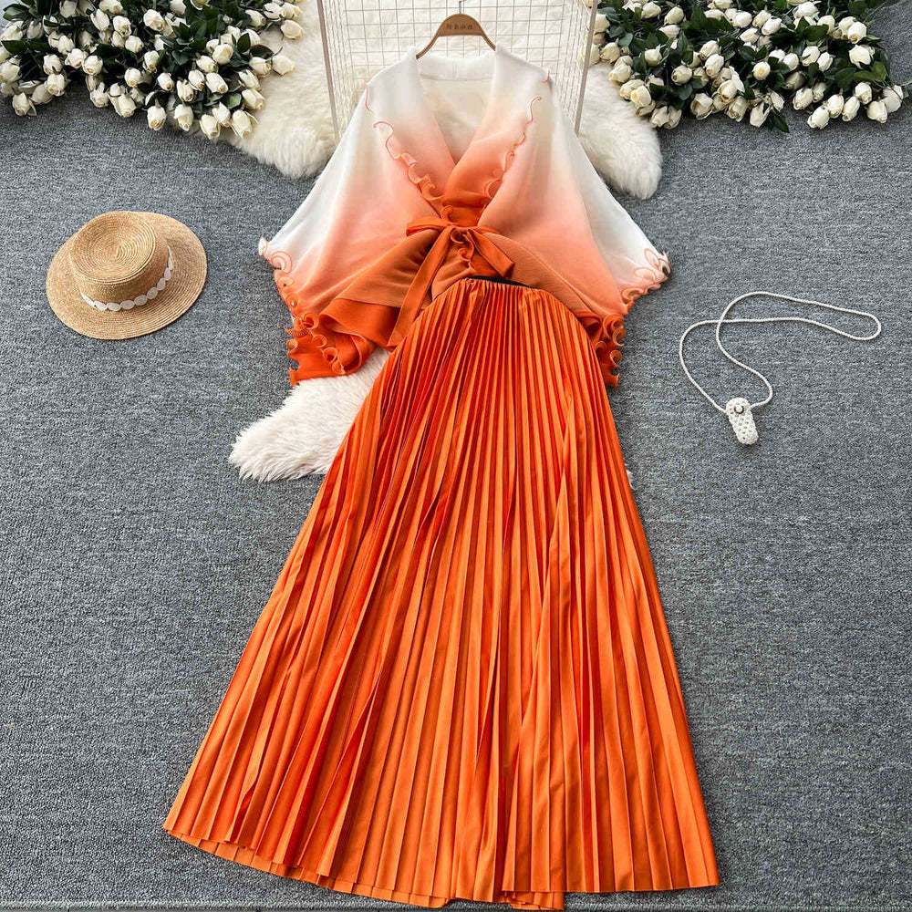 Fashion pleated suit women's strappy waist gradient color pressed pleated cardigantopshigh waistpleated skirttwo-piece set
