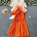 Fashion pleated suit women's strappy waist gradient color pressed pleated cardigantopshigh waistpleated skirttwo-piece set
