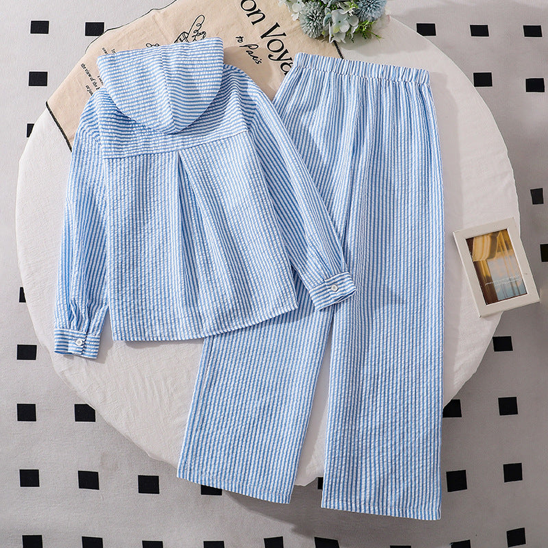 Girls' outfit set:  spring/summer new style - chic striped long-sleeve shirt & casual pants - kids' sun protection two-piece set