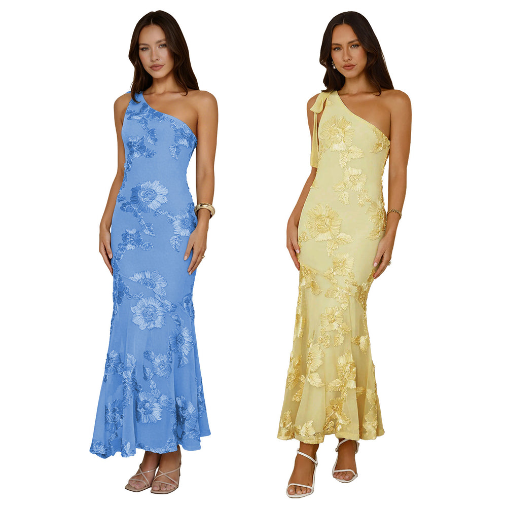 C7747 cross-border   fashion women's summer elegant jacquard one-shoulder banquet dress