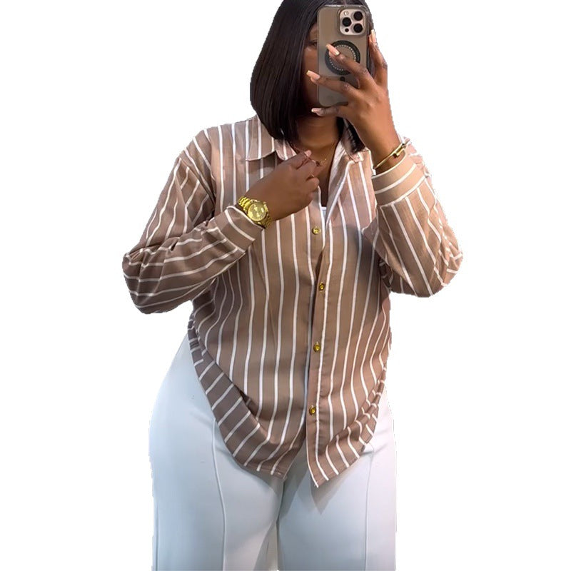 European and american cross-border women's spring  new arrivals: african-inspired fashion casual turn-down collar striped versatile long-sleeve shirt top