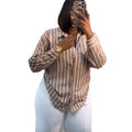 European and american cross-border women's spring  new arrivals: african-inspired fashion casual turn-down collar striped versatile long-sleeve shirt top