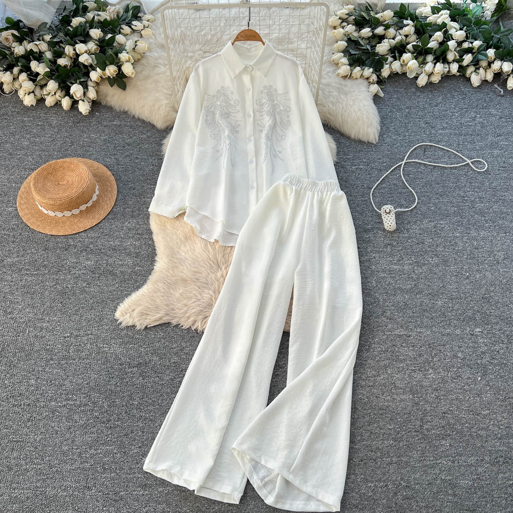 Autumn casual outfit set for women: loose-fit fashion rhinestone long-sleeve single-breasted shirt and high-waisted wide-leg pants set