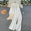 Autumn casual outfit set for women: loose-fit fashion rhinestone long-sleeve single-breasted shirt and high-waisted wide-leg pants set
