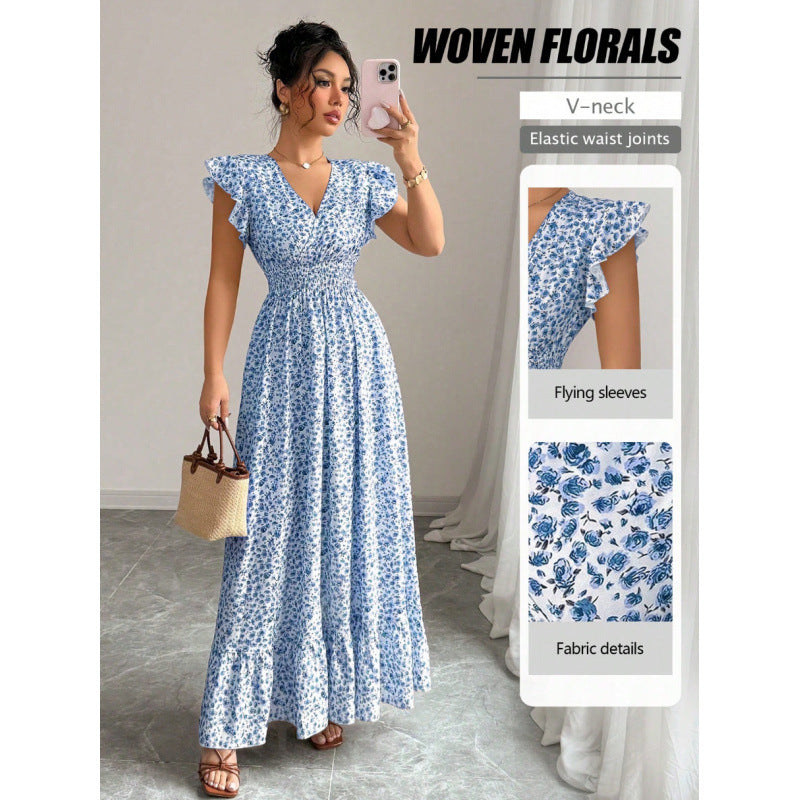 Shipped: cross-border european and american women's summer floral maxi dress with ruffle trim, v-neck, short sleeves, and a-line silhouette