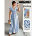 Shipped: cross-border european and american women's summer floral maxi dress with ruffle trim, v-neck, short sleeves, and a-line silhouette