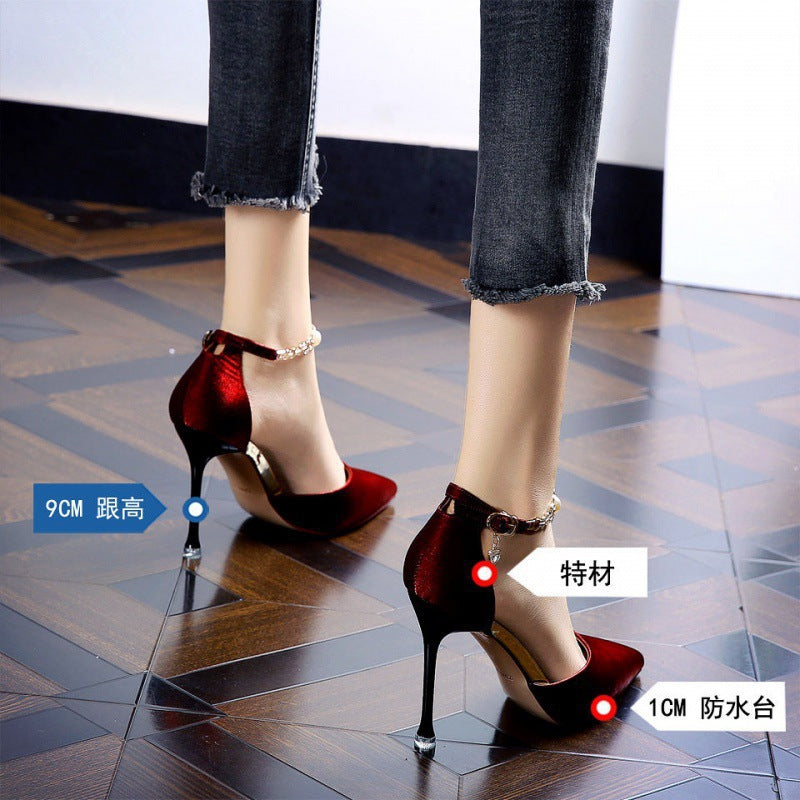 Red bottom high heels sexy silks and satins one-piece buckle pointed toe rhinestone red 2025 spring stiletto dress women's flats