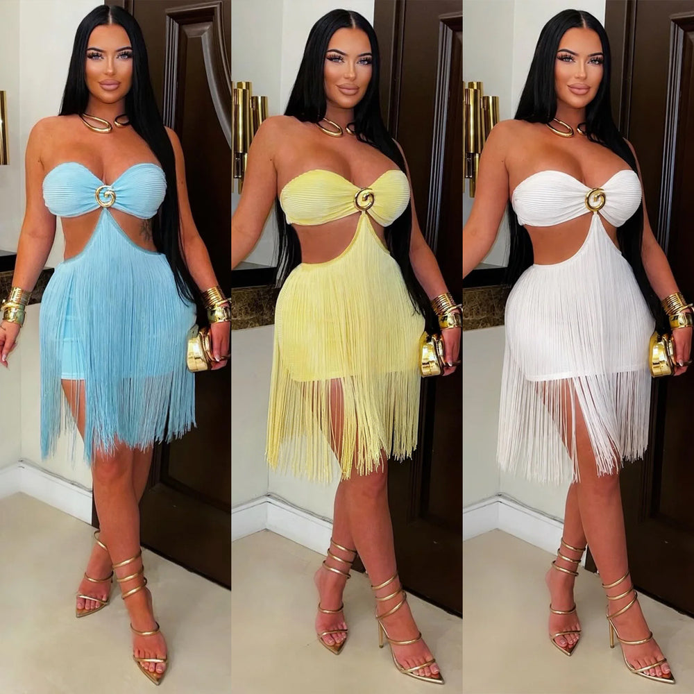 C7741 cross-border    new women's bandeau tassel mini dress nightclub party dress