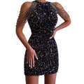 spring new european and american style sexy fashion halter neck off-shoulder tassel bodycon crystal sequin dress
