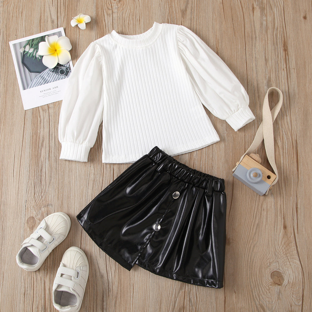 new product girlsuit autumn style fashionpure color round neck pit strip tops elastic irregular skirt leather skirt