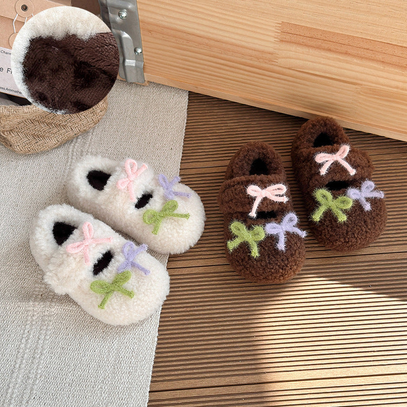 ins French fluffy shoes 2025 winter new Korean version of girls cute color matching bow soft sole velvet cotton shoes