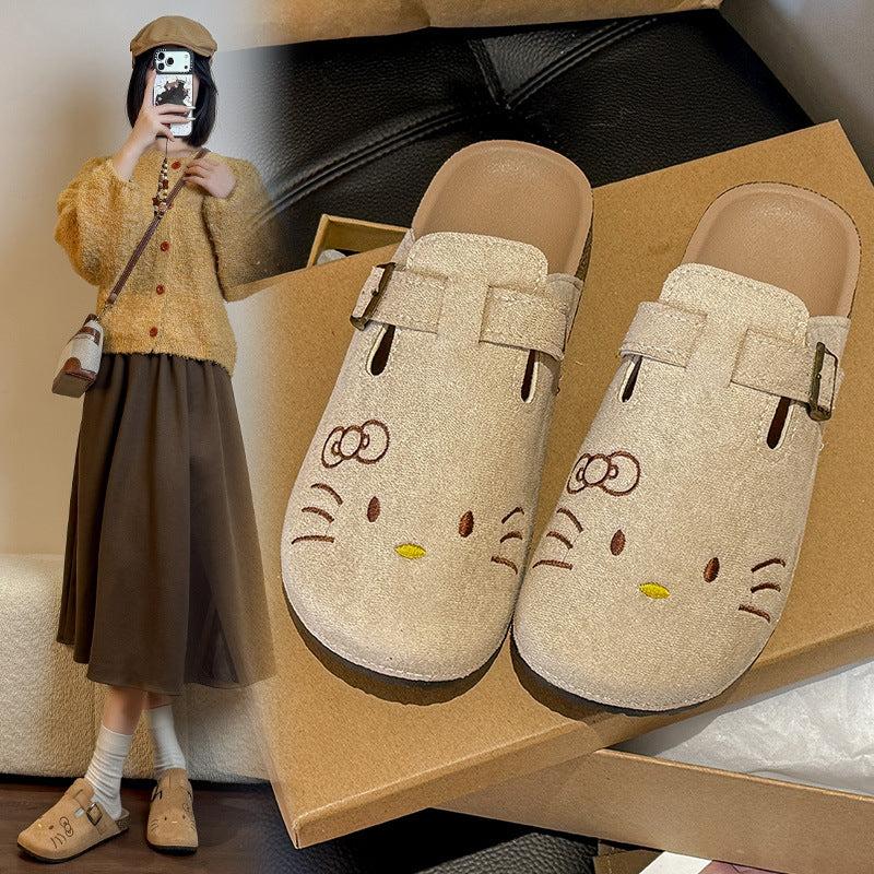 Sewing cartoon cat birkenstock shoes women's half-slippers thick sole loafers outweareasiest for match soft bottom spring summer toe-cap shoes wholesale