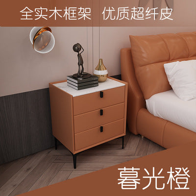 Ready-to-ship, modern, minimalist faux leather bedside table with three drawers, italian-style high-end, popular bedroom solid wood nightstand