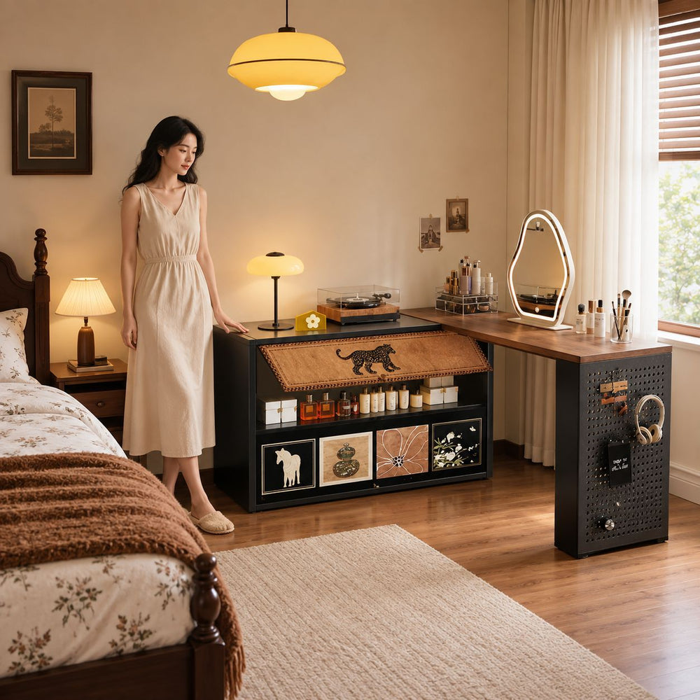 Medieval style dressing table and chest of drawers all-in-one carbon steel retro master bedroom bedside iron makeup table cabinet new arrival