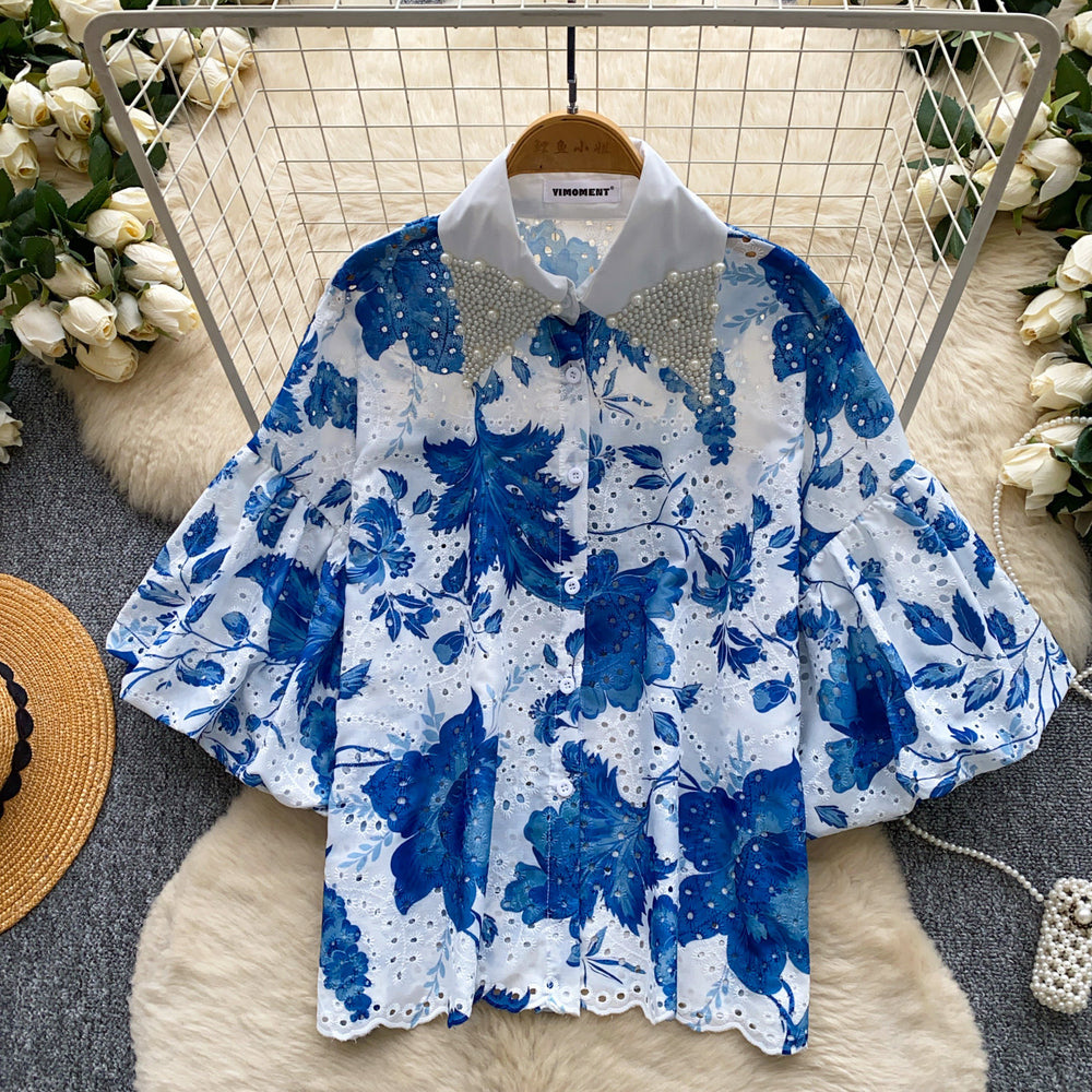 Vacation style heavy industry diamond-encrusted doll collar lantern sleeve printingshirt women's summer short-sleeved looseslimming lookcardigantops