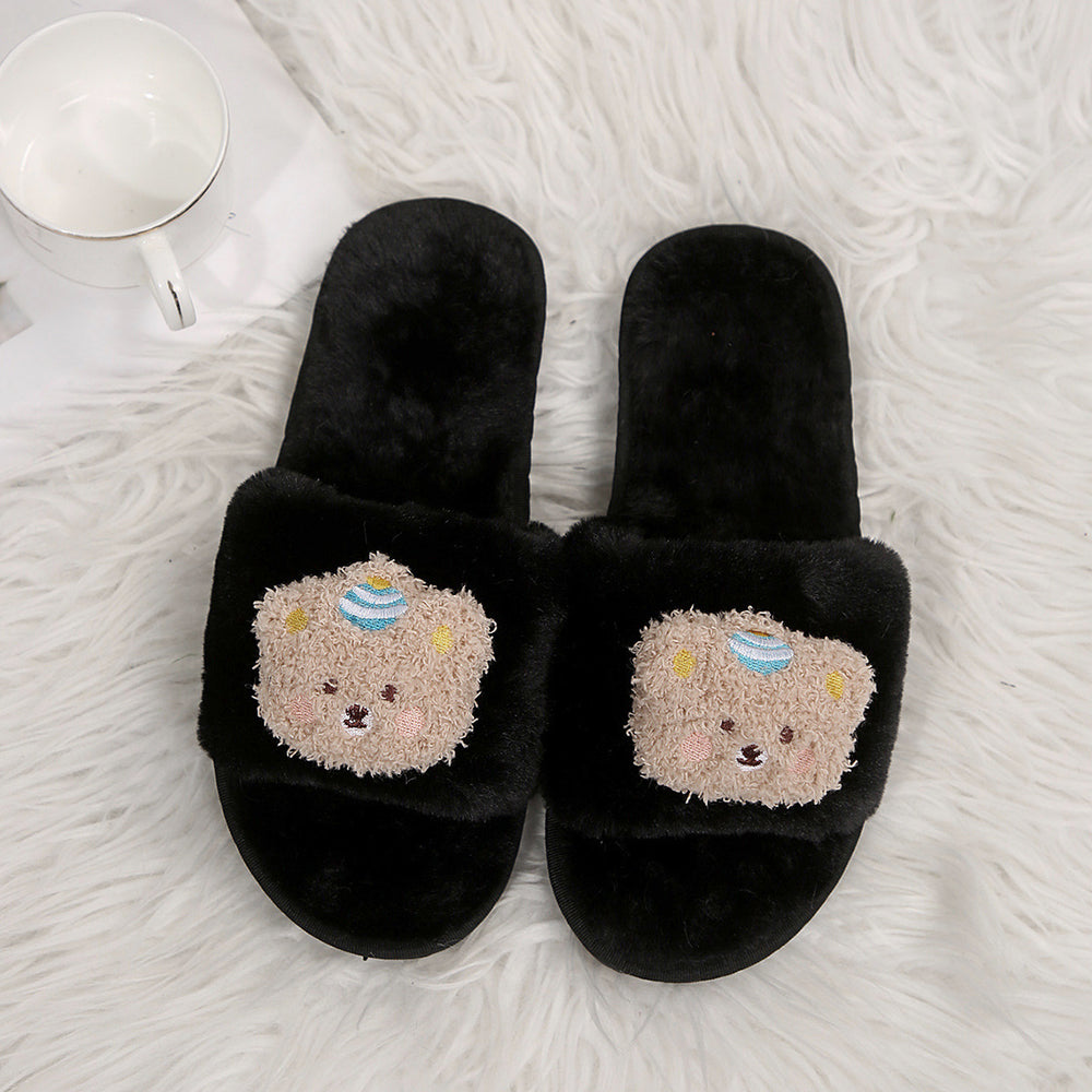 Trendy cute bear flat cotton slippers for women - 2024 autumn/winter new arrival - adorable warm one-strap fuzzy slippers
