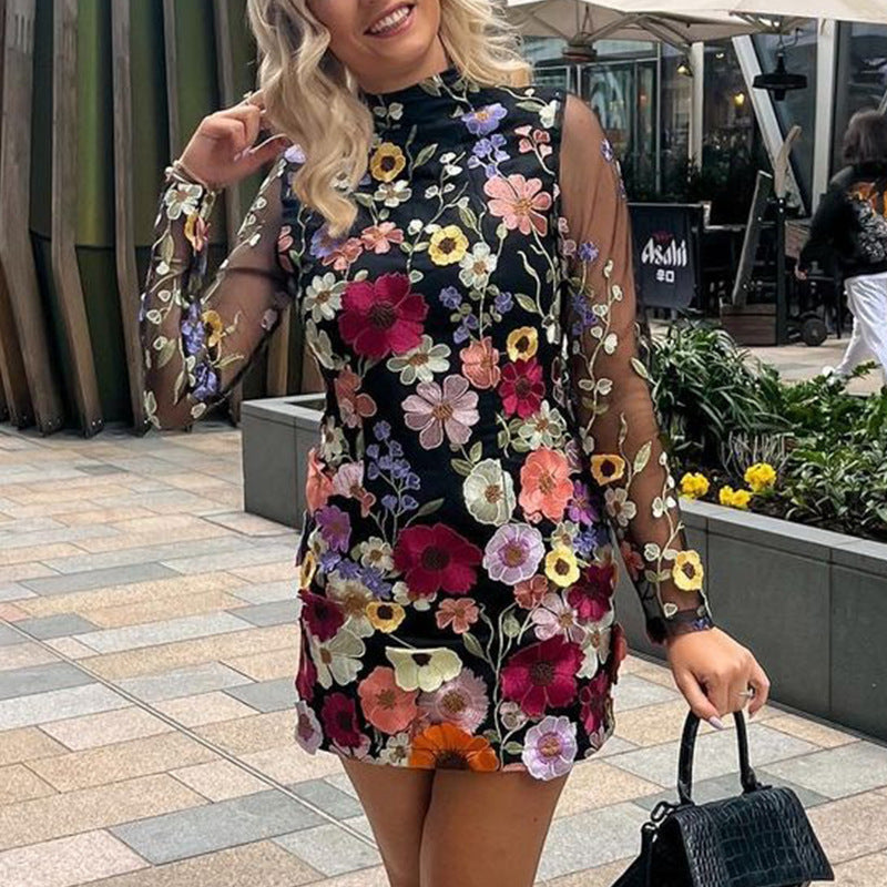 direct sales cross-border fashion three-dimensional floral mesh lace embroidered bodycon slimming sexy dress