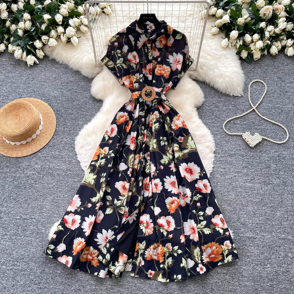 French chic vintage print collared dress - women's summer slimming, figure-flattering, high-waisted, elegant maxi dress