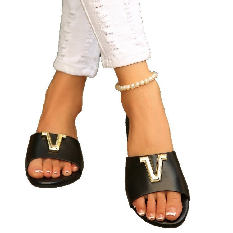 Export new arrivalretroniche styleletter sandals for women summer outwear seaside flat one-line beach slippers