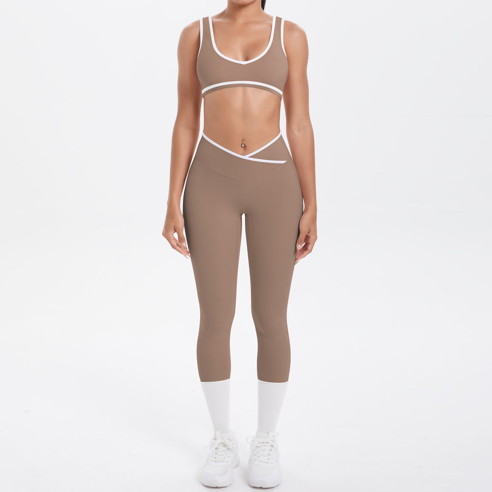Cross high waist sports suit women's contrast color nude tight yoga clothes quick-drying breathable outdoor running fitness suit