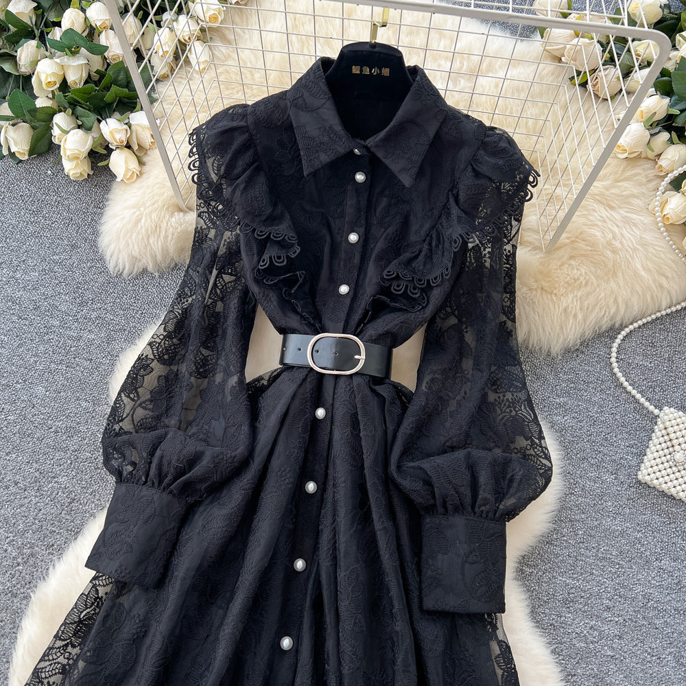 Luxury chic polo collar dress - spring collection: exquisite embroidered mesh, unique design, ethereal and elegant maxi dress