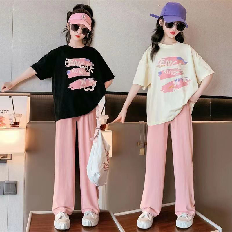 Girls' short-sleeve activewear set - summer  new collection - trendy and stylish summer outfit for girls (sizes for mid-to-large children)
