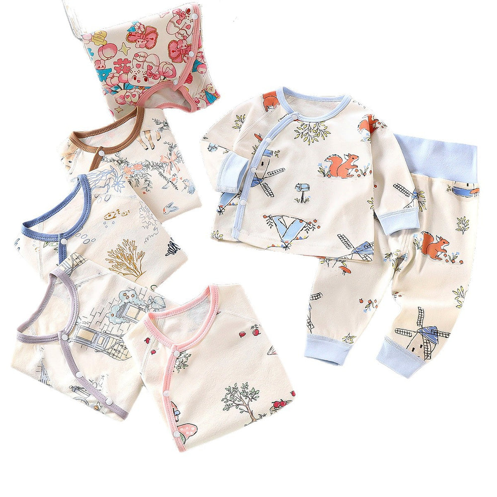 Newborn baby underwear set, all-cotton seamless thermal underwear, cute cartoon design, high-waisted pants for baby, belly protection