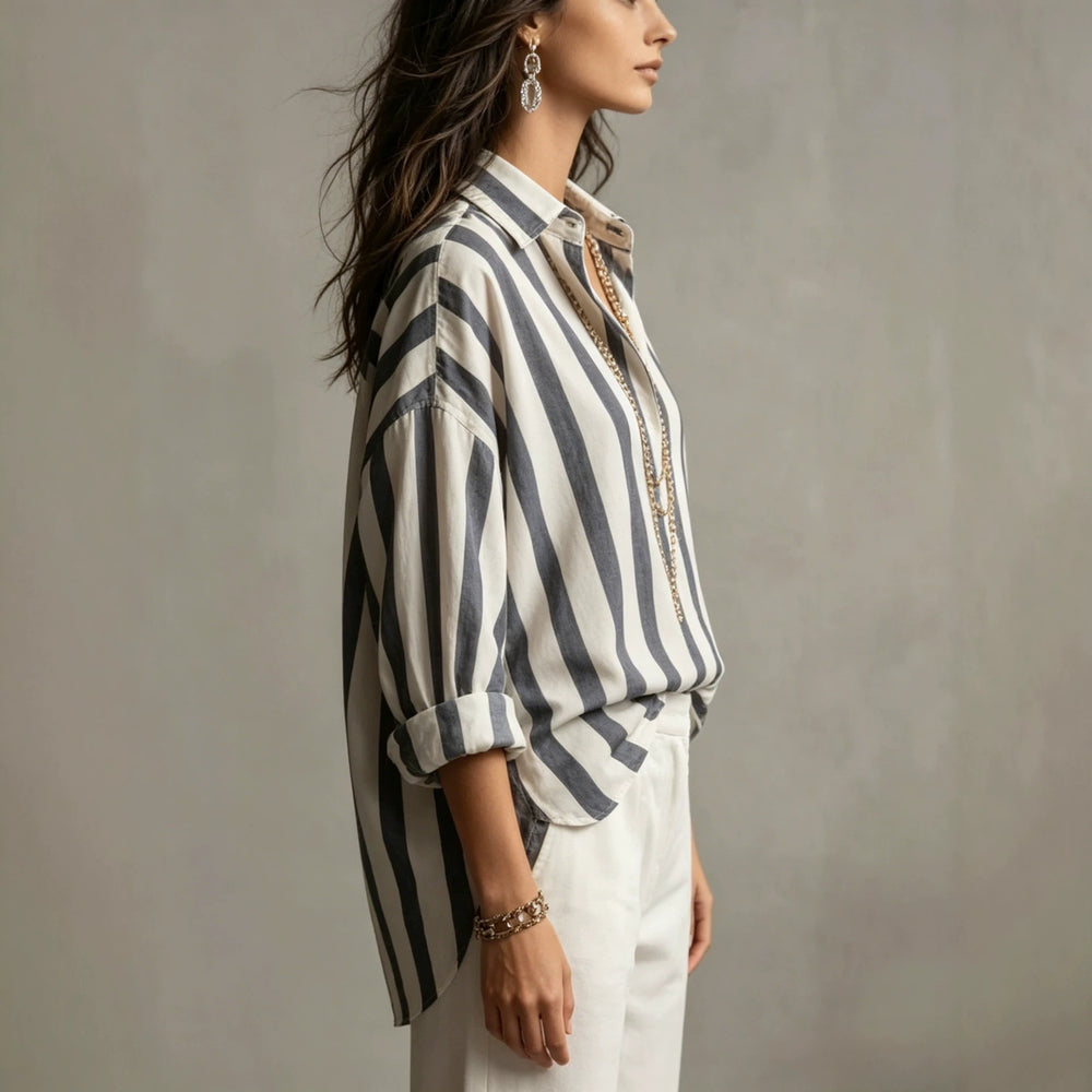 european and american cross-border  independent station spring, summer and autumn new women's clothing striped lapel loosefashion pullover women
