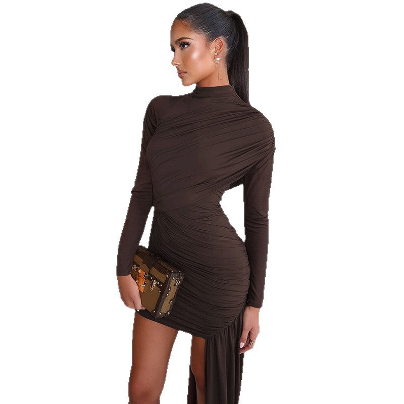 European and american women's clothing  autumn new fashion slim-fit round neck long sleeve shirred bodycon asymmetrical ribbon dress
