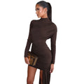 European and american women's clothing  autumn new fashion slim-fit round neck long sleeve shirred bodycon asymmetrical ribbon dress