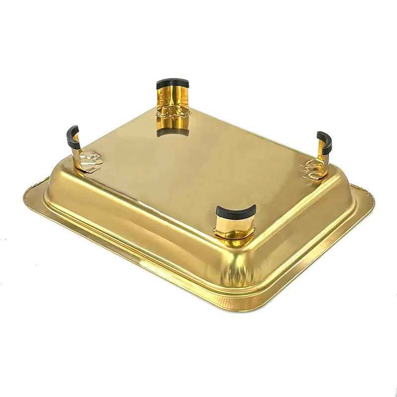 Stainless steel gold four-plate warming tray with printed combination lid - buffet warming cabinet for home, hotel, and restaurant use - wholesale from manufacturer