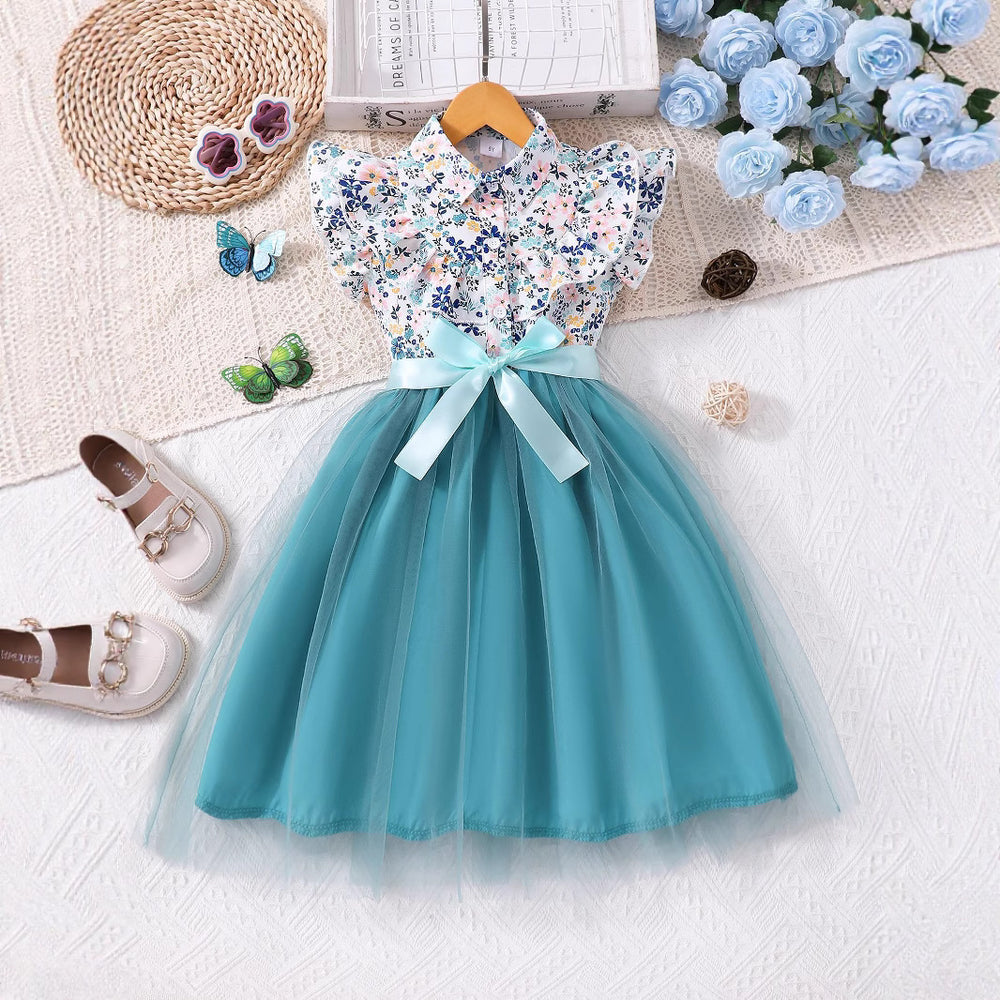 Girls' (toddler) dress, ruffle collar floral mesh dress with woven belt