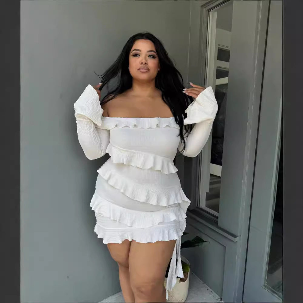 European and american cross-border women's fashion:  autumn new collection - solid color flared sleeve bandeau off-the-shoulder sexy bodycon dress