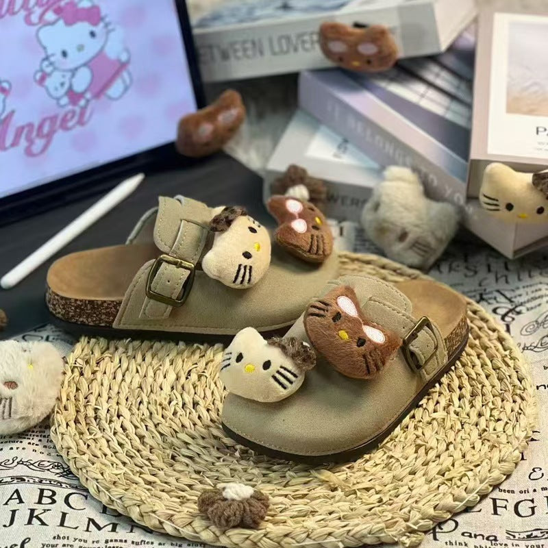 New arrivalkt cat kids slippers women's birkenstock outwear cartoon cute plaid birkenstock shoes women's toe-cap outwear half slippers