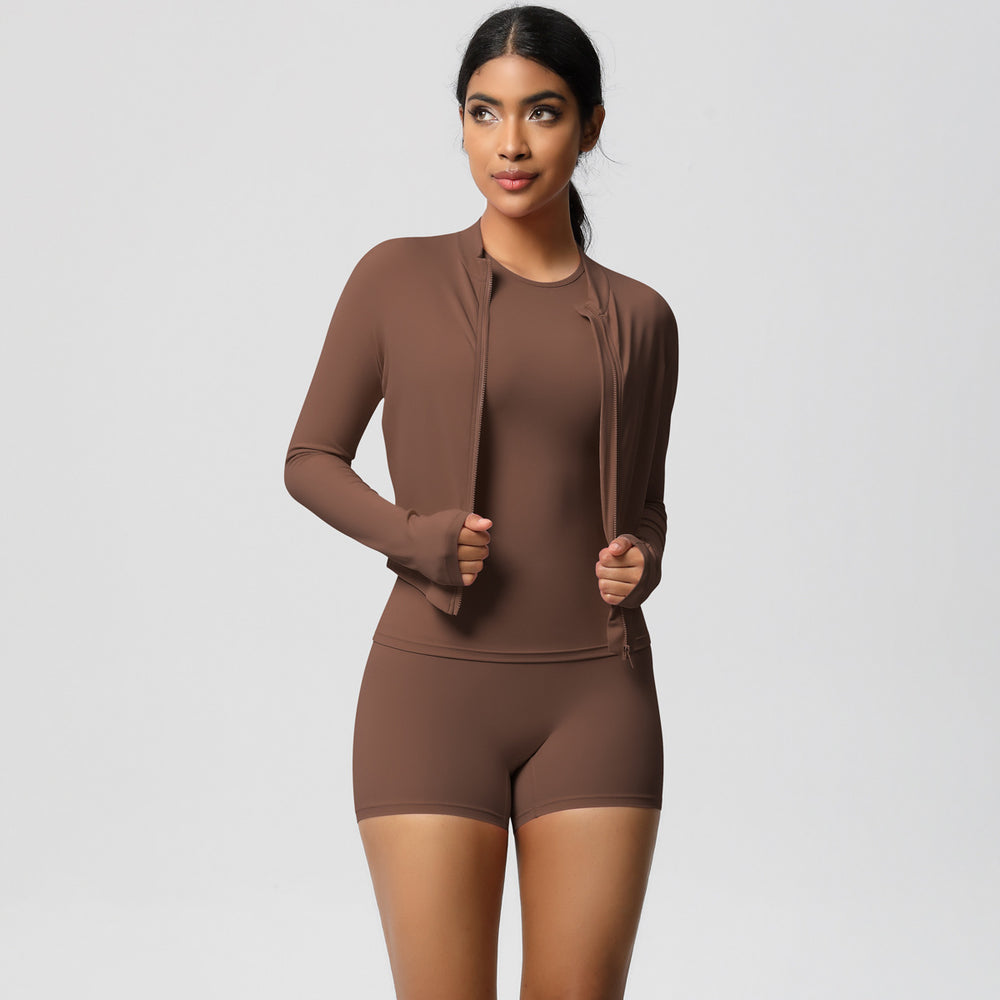 European and american nude feel cardigan jacket, crew neck short sleeve t-shirt, casual yoga set, running sports fitness three-piece outfit