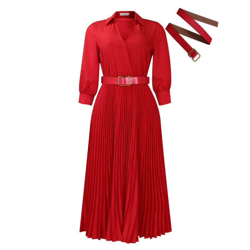 D522export women's clothing new arrival summer fashion lapel long sleeves high waist elegant pleated pure color africandress