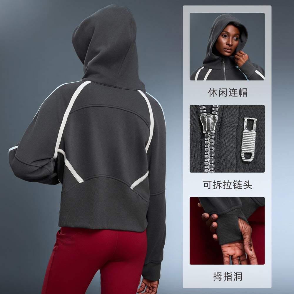 High collar half-zip hooded sweatshirt women's fleece-linedloosecontrast color sports topseasiest for matchcasualoutweard25159