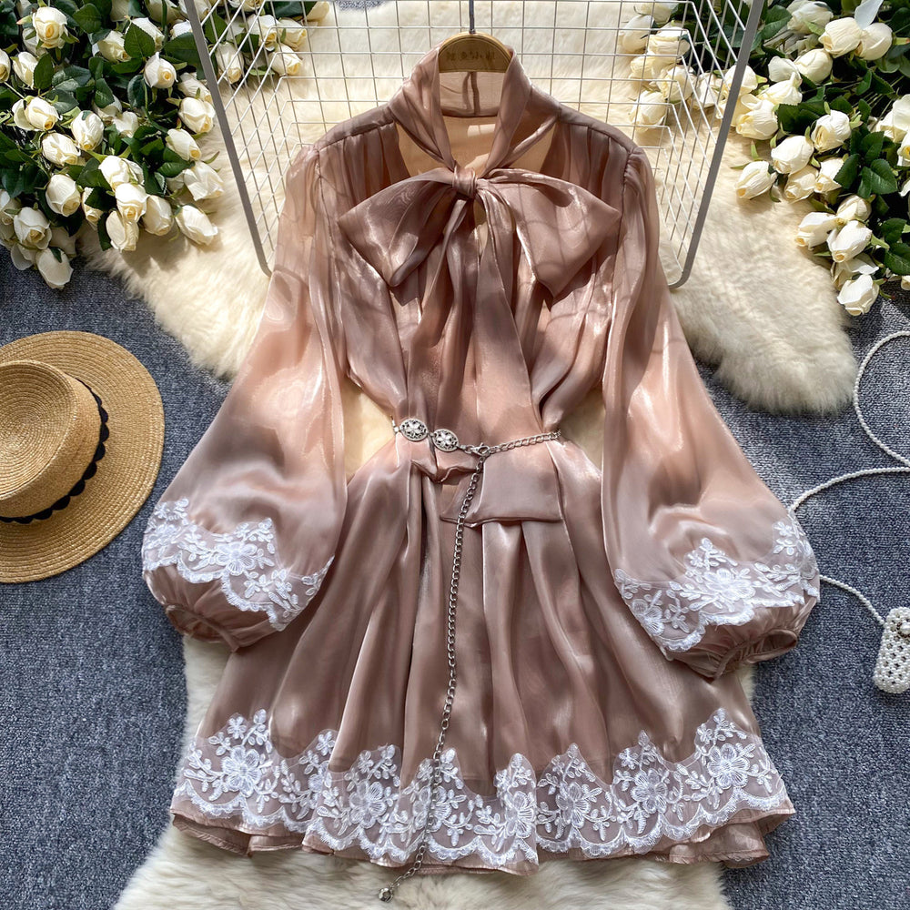 Spring european and american style women's dress - bow neckline, tie-up lantern sleeves, lace trim, shiny chiffon skirt, mini dress