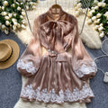 Spring european and american style women's dress - bow neckline, tie-up lantern sleeves, lace trim, shiny chiffon skirt, mini dress