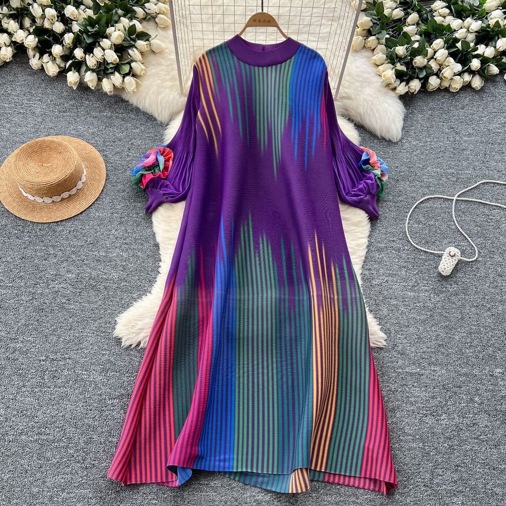 European and american chic gradient print dress - women's loose fit casual 3d floral lantern sleeve pleated maxi dress