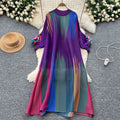 European and american chic gradient print dress - women's loose fit casual 3d floral lantern sleeve pleated maxi dress