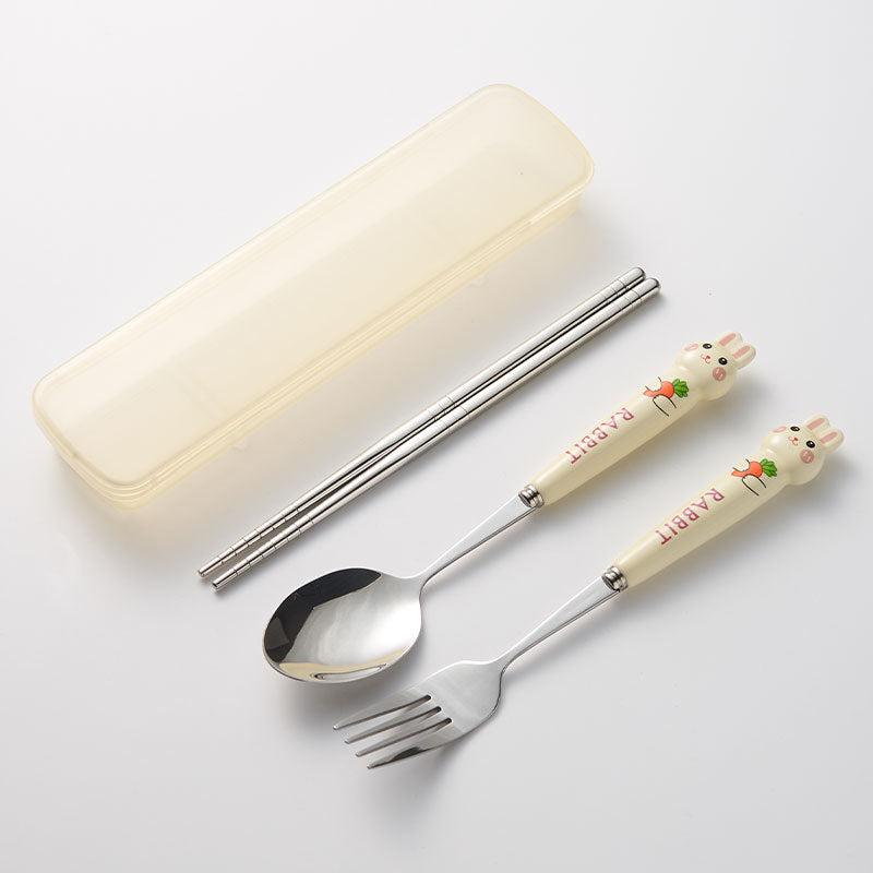 Cartoon rabbit portable cutlery set - 3-piece stainless steel spoon and chopsticks with ceramic handle