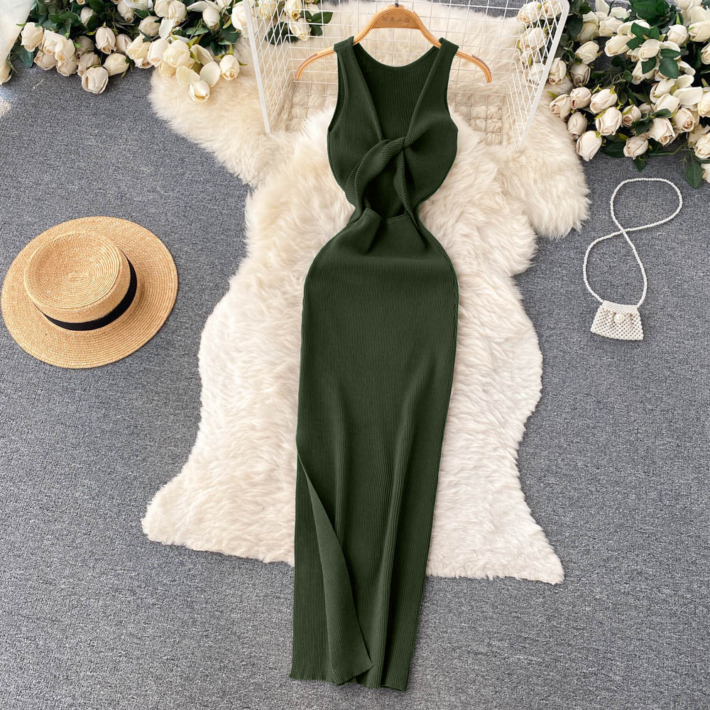 European and american style ins women's summer new sexy twist knot cleavage-enhancing hollow-out fashion two-way knitted dress