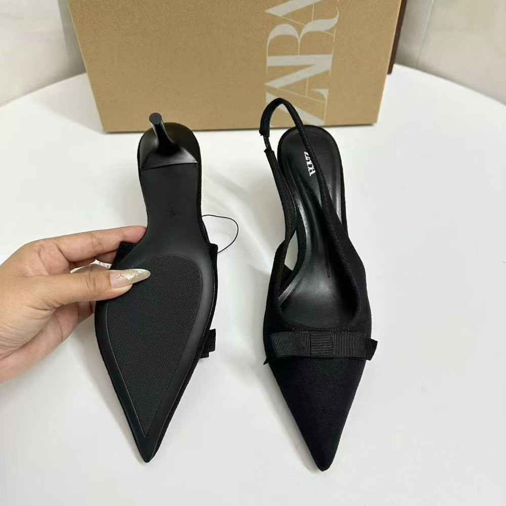 Za2025autum new product black fabric bows open heel high heel mules pointed toe flats back strap flats