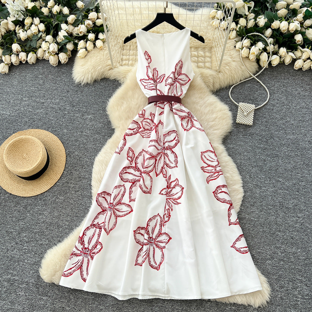 French retro chic women's dress -  spring collection - high-end tie-waist sleeveless printed maxi dress