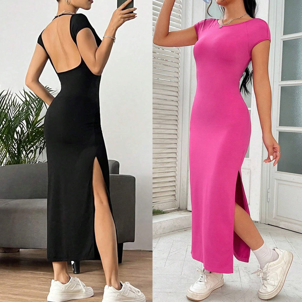 European and american style women's elegant knitted sleeveless dress - new summer backless slit midi dress