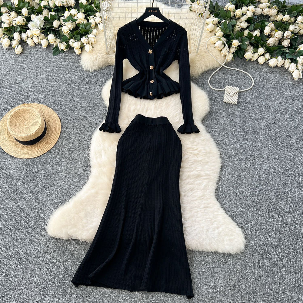 Xiaoxiangfengsuitfemalefall and winter celebrity classy sense waist lotus leaf hem knittingcardiganhigh waist hip skirt