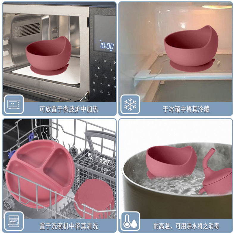 Children's silicone round three-grid plate with PP lid tableware set Baby feeding complementary food plate with small suction cup