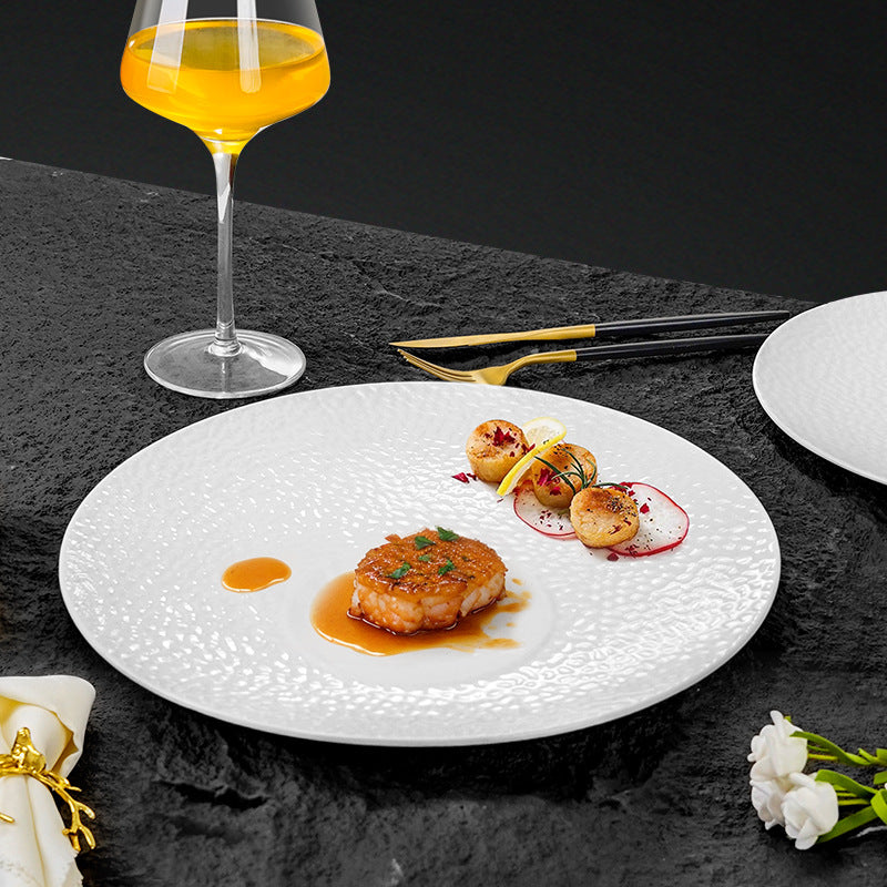 Minimalist white ceramic stone texture round dinner plate - embossed texture ceramic plate - high-end steak plate for restaurant - food serving plate
