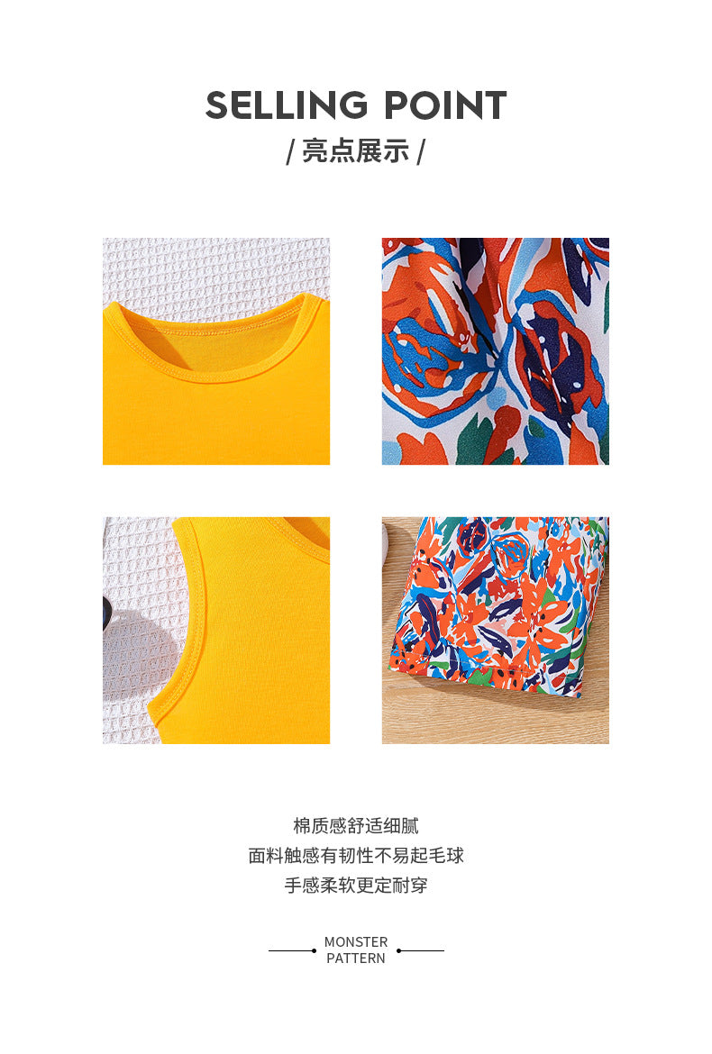 Girls' summer tank top set: yellow sleeveless knit top with floral print pants and belt - two-piece outfit for kids